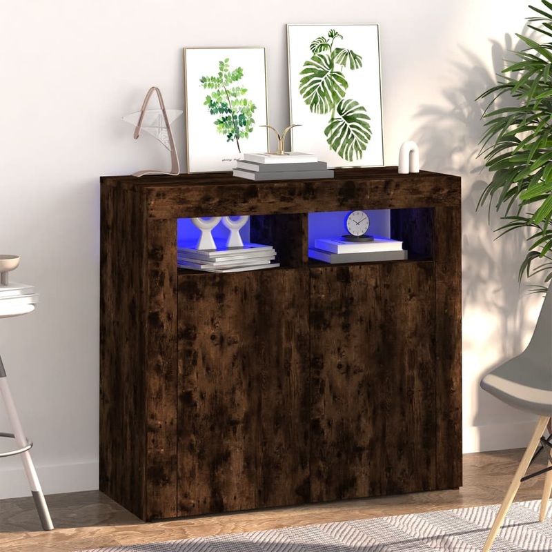 Buffet avec lumires LED chne fum 80x35x75 cm