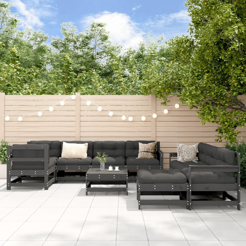 Salon de jardin 10 pcs avec coussins gris bois massif