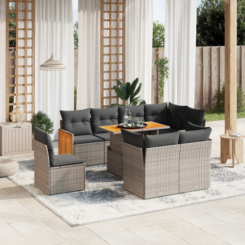 Salon de jardin 9 pcs avec coussins gris rsine tresse