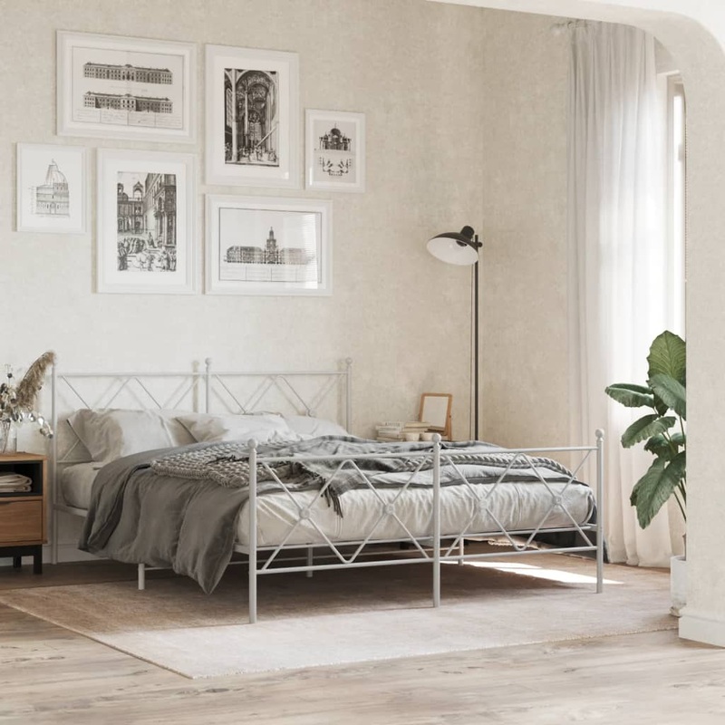 Cadre de lit mtal sans matelas et pied de lit blanc 150x200 cm