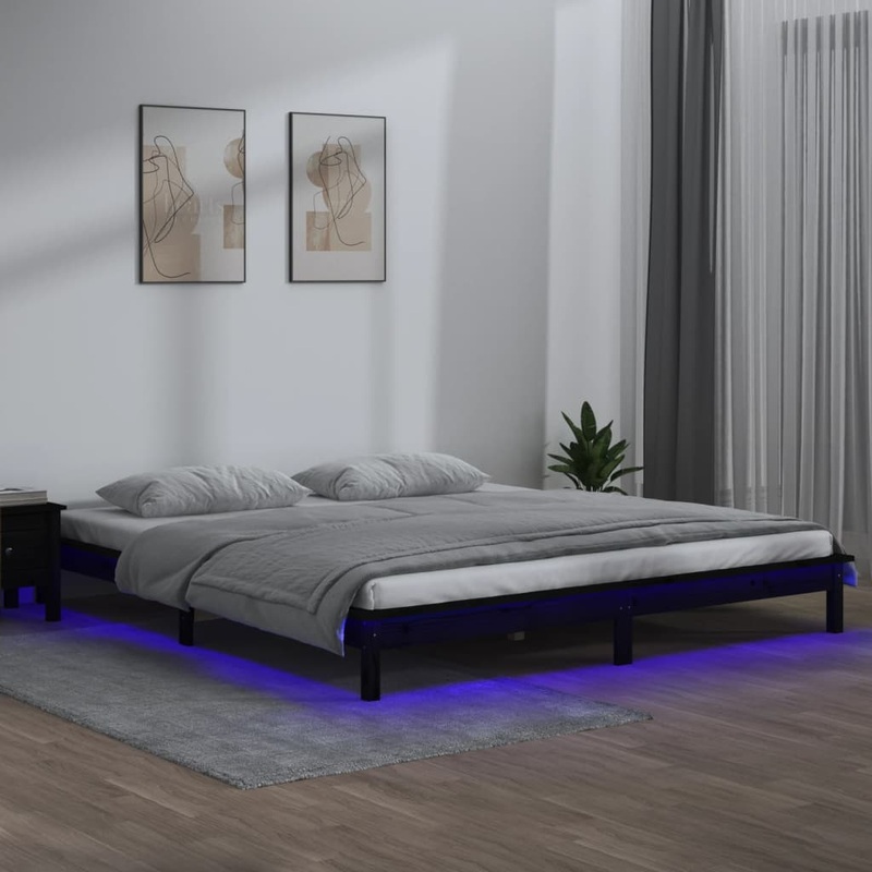 Cadre de lit  LED sans matelas noir 200x200 cm bois massif