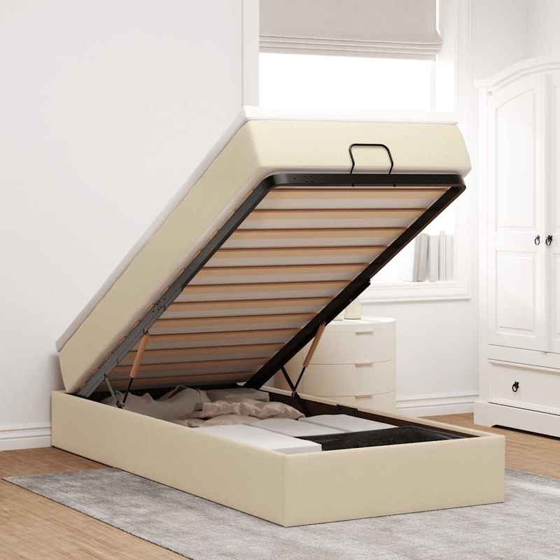 Cadre de lit ottoman avec matelas crme 90x200 cm tissu