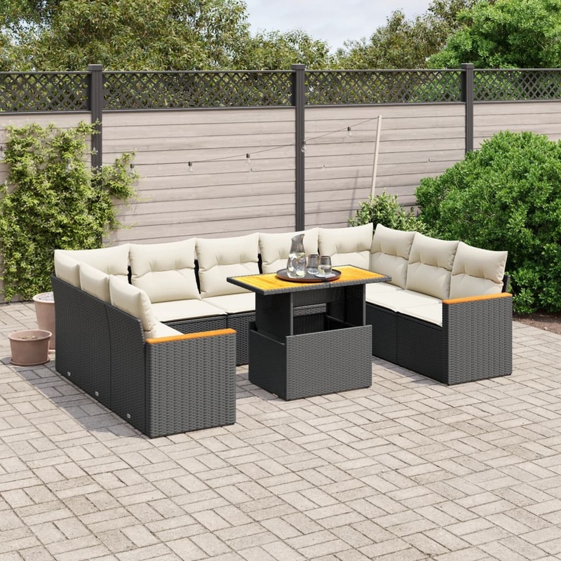 Salon de jardin 10 pcs avec coussins noir rsine tresse