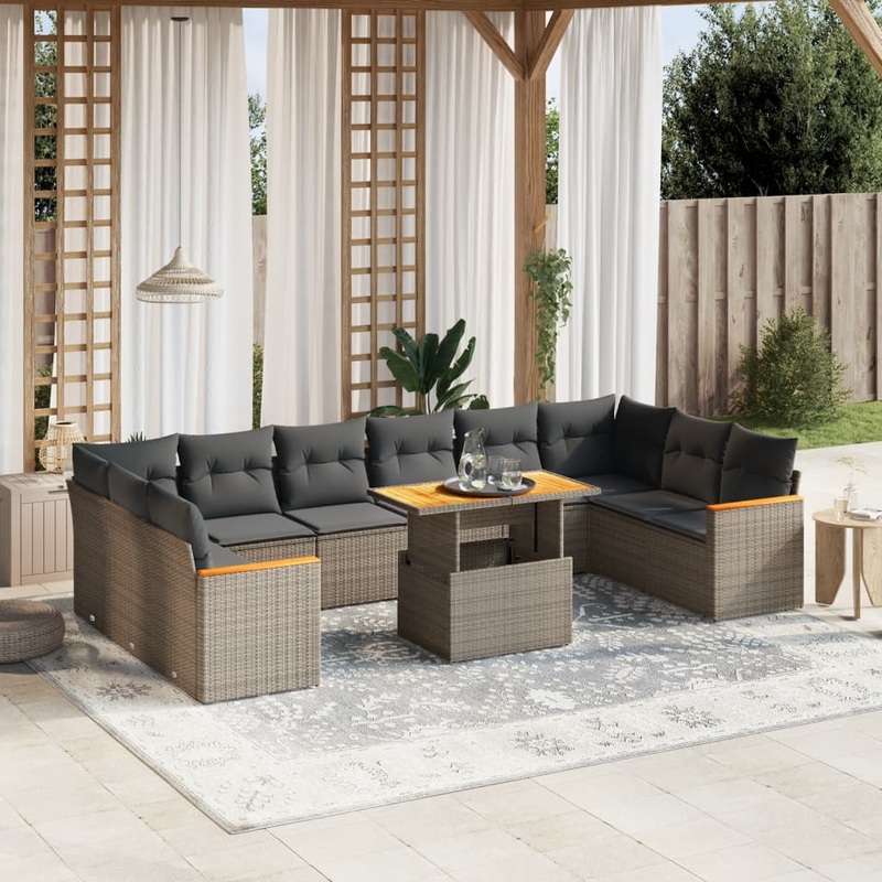 Salon de jardin 11 pcs avec coussins gris rsine tresse