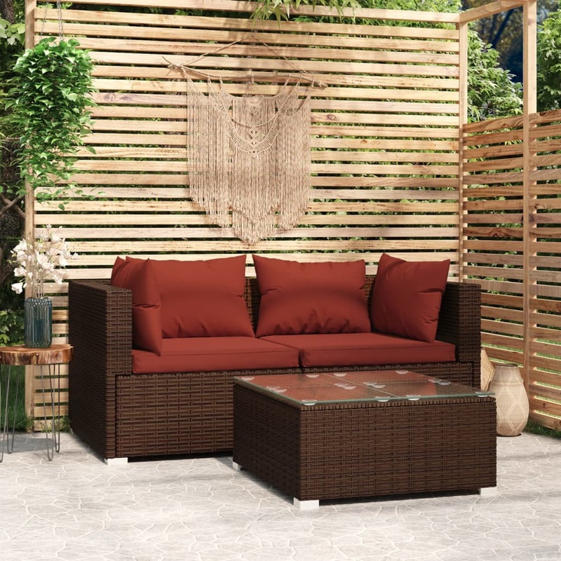Salon de jardin 3 pcs avec coussins Marron Rsine tresse