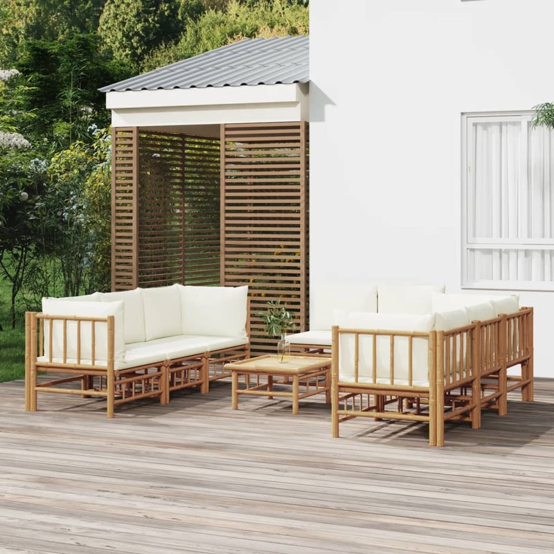 Salon de jardin 9 pcs avec coussins blanc crme bambou